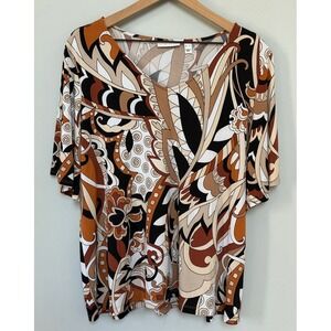 Susan Graver Liquid Knit V-Neck Flutter Sleeve Top Spice Multi Print Size XL